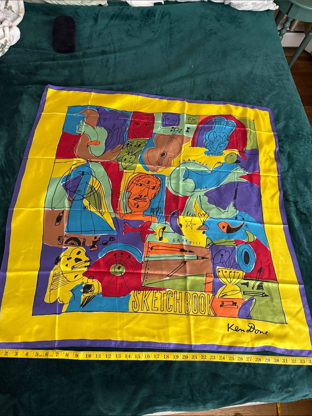 Sketchbook Decorative Silk-Style Scarf in Yellow Multicolor